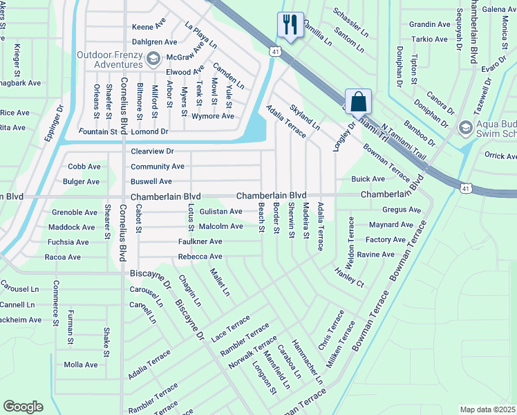 map of restaurants, bars, coffee shops, grocery stores, and more near 1009 Beach Street in Port Charlotte