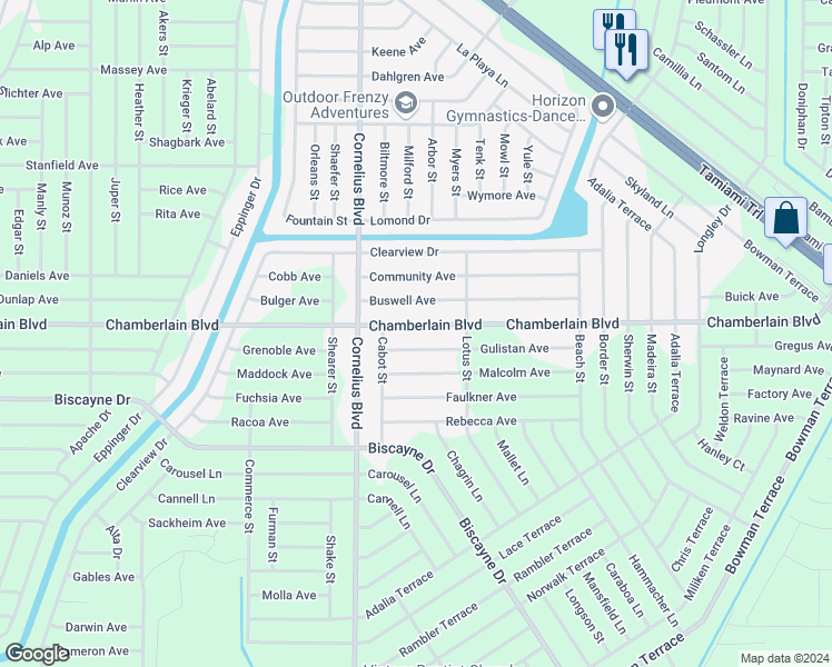 map of restaurants, bars, coffee shops, grocery stores, and more near 15073 Chamberlain Boulevard in Port Charlotte