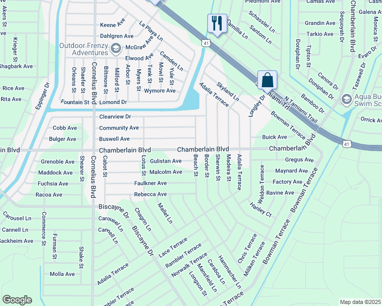 map of restaurants, bars, coffee shops, grocery stores, and more near 1009 Beach Street in Port Charlotte