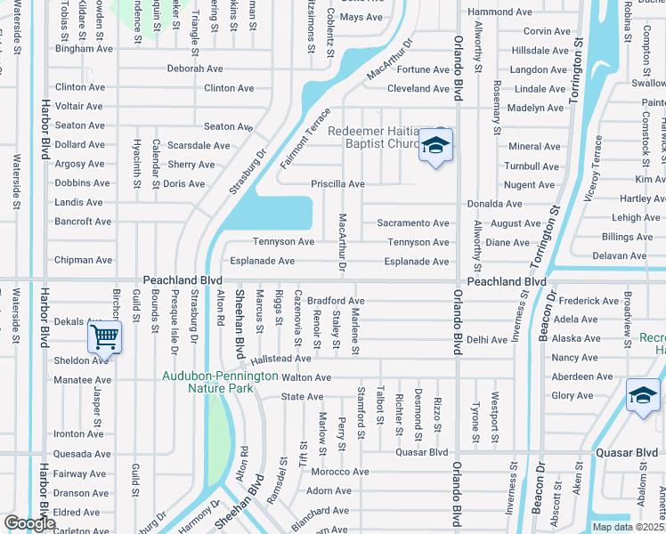map of restaurants, bars, coffee shops, grocery stores, and more near 22341 Esplanade Avenue in Port Charlotte