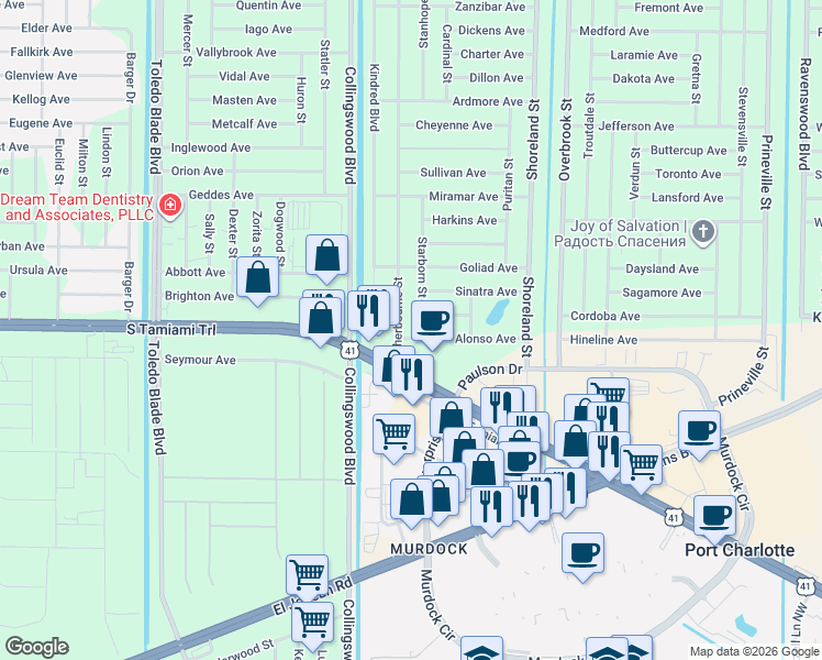 map of restaurants, bars, coffee shops, grocery stores, and more near 534 Sherbourne Street in Port Charlotte