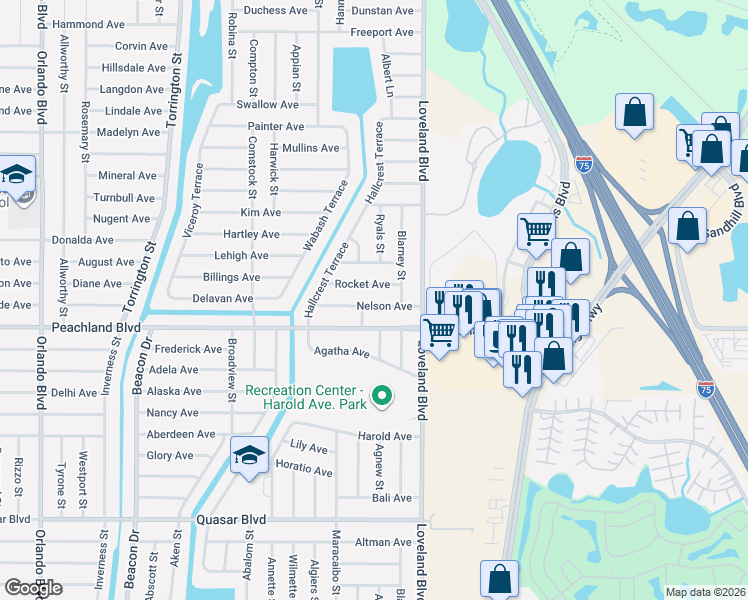 map of restaurants, bars, coffee shops, grocery stores, and more near 23501 Nelson Avenue in Port Charlotte