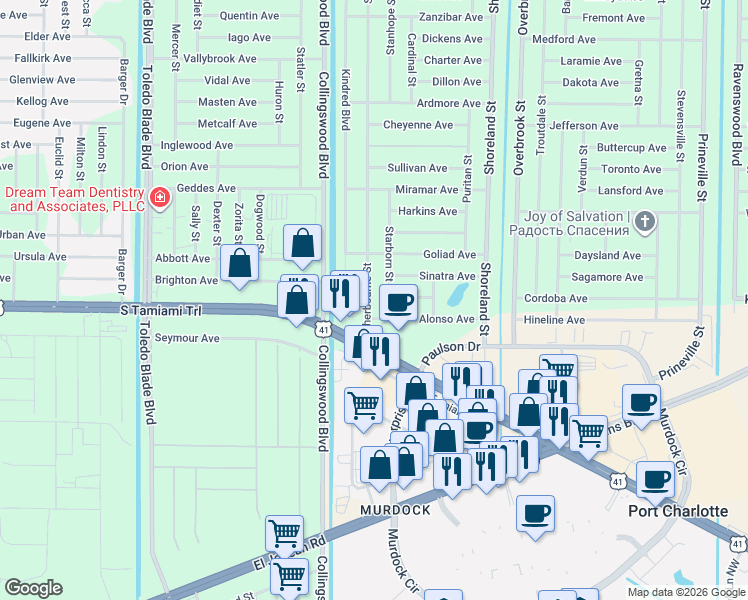map of restaurants, bars, coffee shops, grocery stores, and more near 534 Sherbourne Street in Port Charlotte