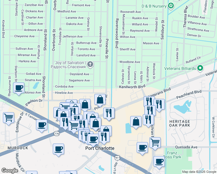 map of restaurants, bars, coffee shops, grocery stores, and more near 528 Prineville Street in Port Charlotte