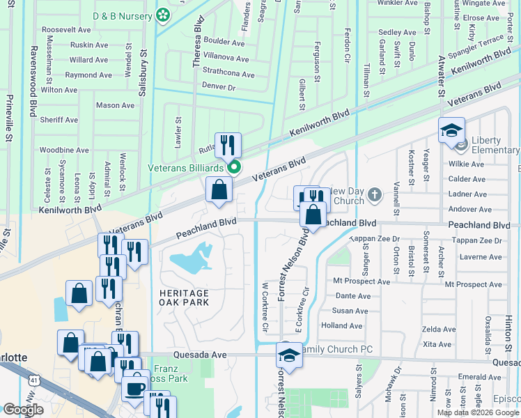 map of restaurants, bars, coffee shops, grocery stores, and more near 1623 Red Oak Lane in Port Charlotte