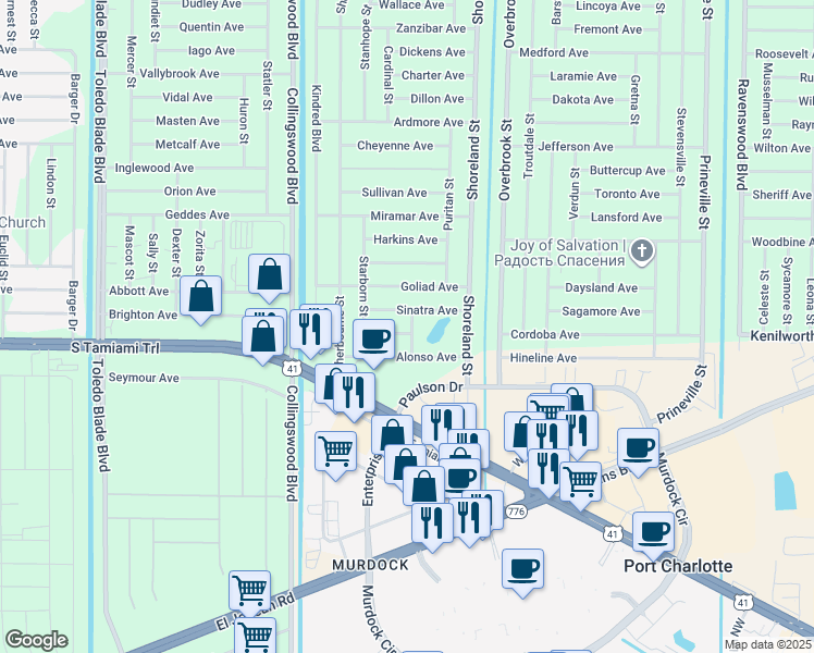 map of restaurants, bars, coffee shops, grocery stores, and more near 18138 Luscar Avenue in Port Charlotte