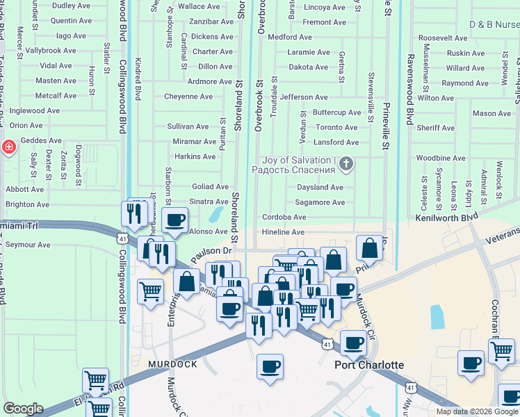 map of restaurants, bars, coffee shops, grocery stores, and more near 483 Troutdale Street in Port Charlotte