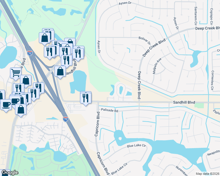 map of restaurants, bars, coffee shops, grocery stores, and more near 25100 Sandhill Boulevard in Punta Gorda