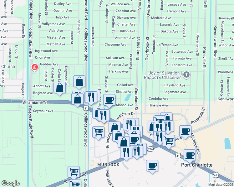 map of restaurants, bars, coffee shops, grocery stores, and more near 18130 Sinatra Avenue in Port Charlotte
