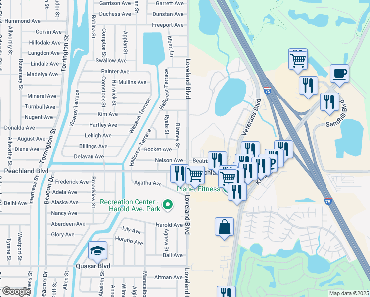 map of restaurants, bars, coffee shops, grocery stores, and more near 469 Loveland Boulevard in Port Charlotte