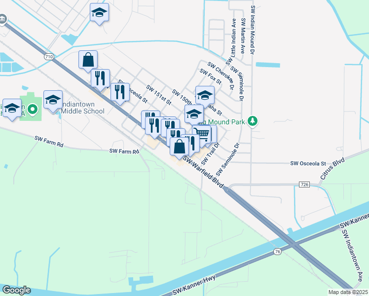 map of restaurants, bars, coffee shops, grocery stores, and more near 15475 Southwest Warfield Boulevard in Indiantown