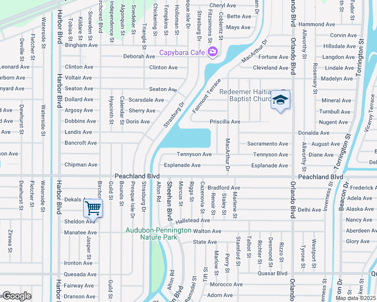 map of restaurants, bars, coffee shops, grocery stores, and more near 22290 Tennyson Avenue in Port Charlotte