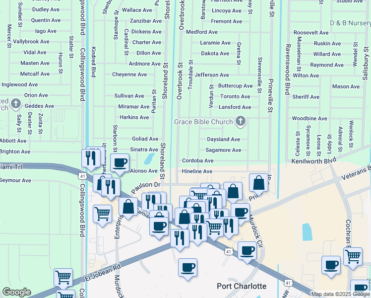 map of restaurants, bars, coffee shops, grocery stores, and more near 483 Troutdale Street in Port Charlotte