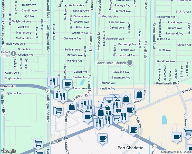 map of restaurants, bars, coffee shops, grocery stores, and more near 483 Troutdale Street in Port Charlotte