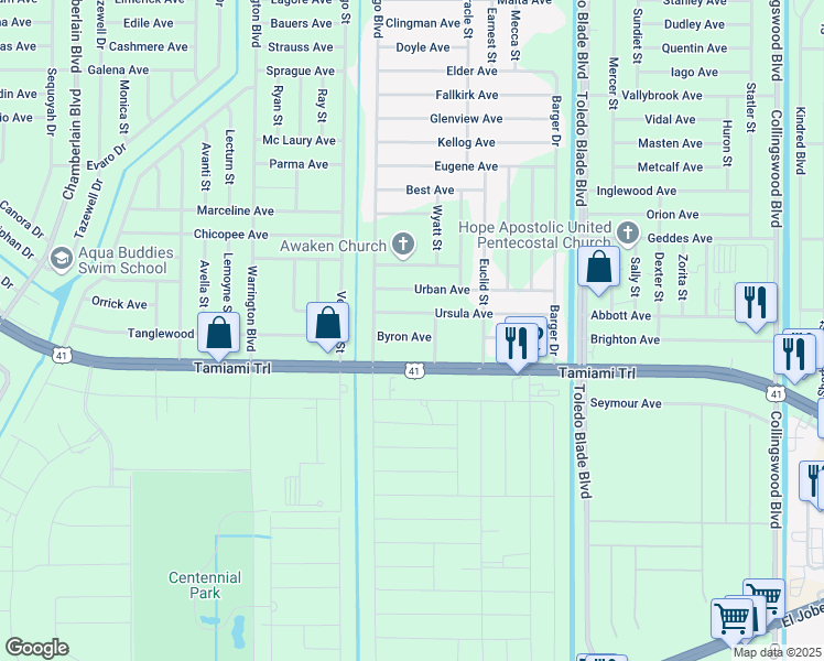 map of restaurants, bars, coffee shops, grocery stores, and more near 17086 Byron Avenue in Port Charlotte