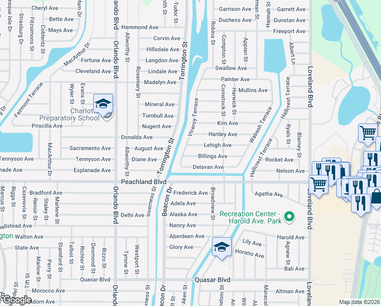 map of restaurants, bars, coffee shops, grocery stores, and more near 23210 Billings Avenue in Port Charlotte