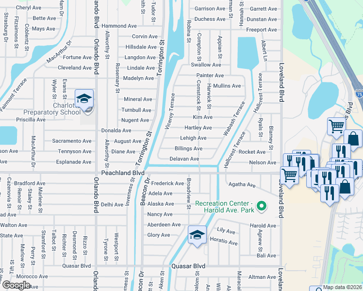 map of restaurants, bars, coffee shops, grocery stores, and more near 23250 Billings Avenue in Port Charlotte