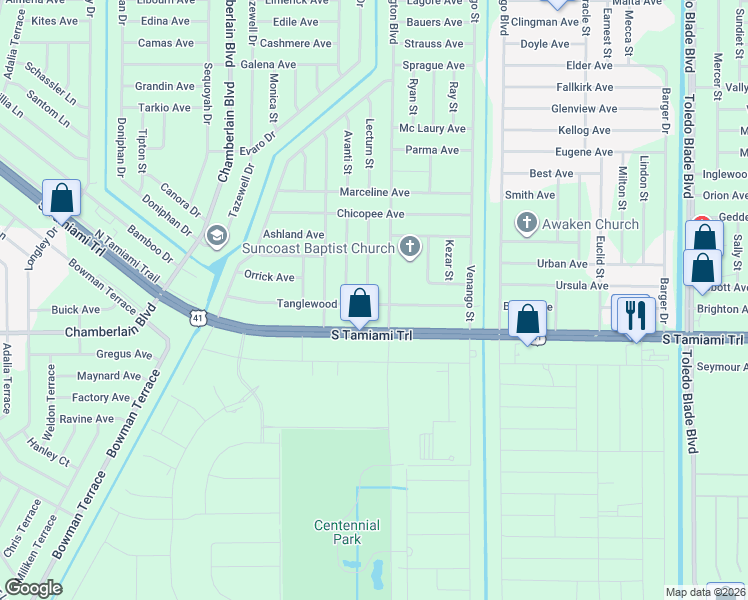 map of restaurants, bars, coffee shops, grocery stores, and more near 16392 Tanglewood Avenue in Port Charlotte