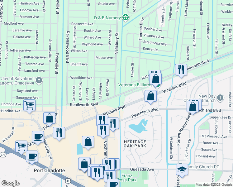 map of restaurants, bars, coffee shops, grocery stores, and more near 19748 Kenilworth Boulevard in Port Charlotte