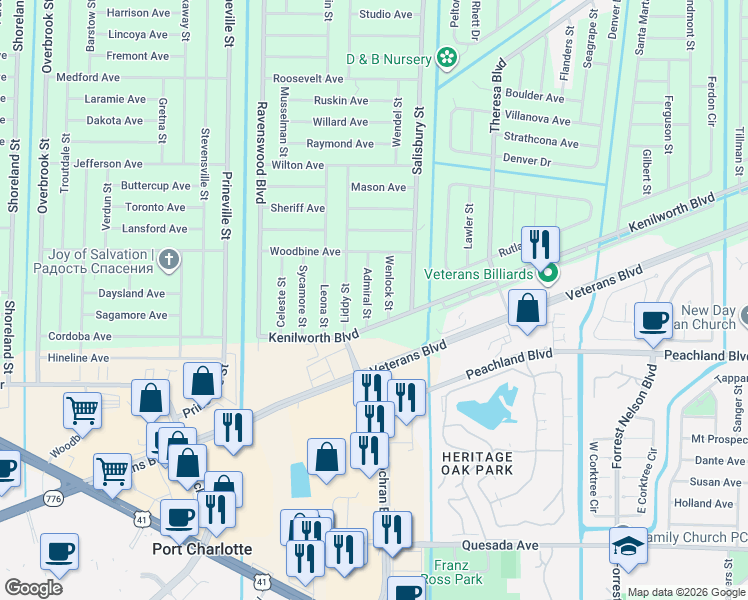map of restaurants, bars, coffee shops, grocery stores, and more near 473 Admiral Street in Port Charlotte