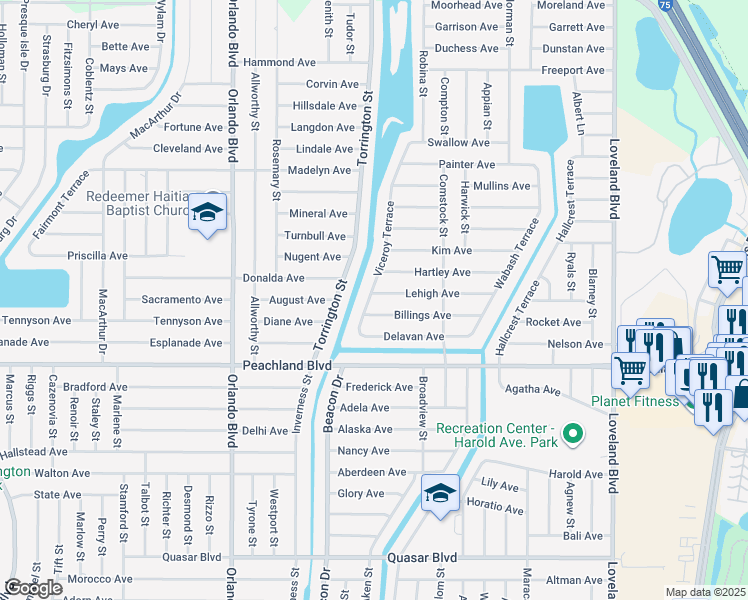 map of restaurants, bars, coffee shops, grocery stores, and more near 23200 Billings Avenue in Port Charlotte