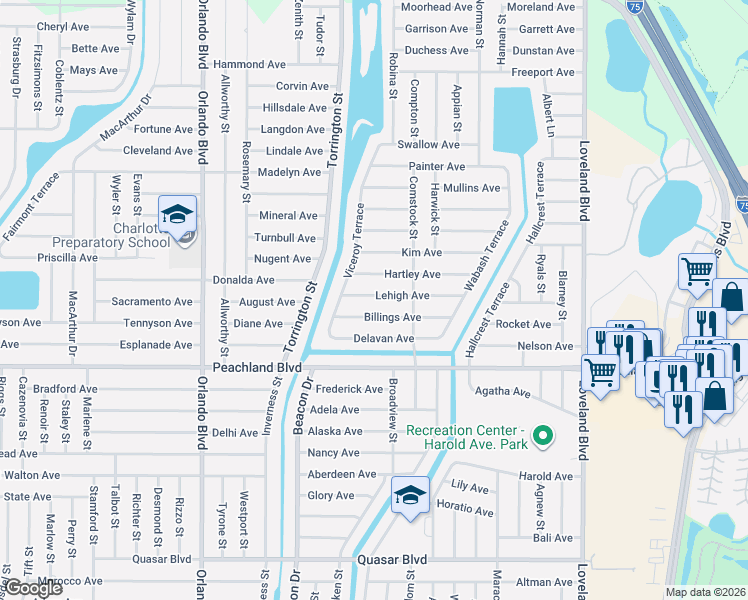 map of restaurants, bars, coffee shops, grocery stores, and more near 23250 Billings Avenue in Port Charlotte