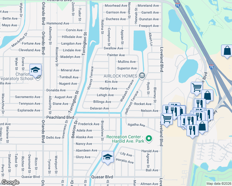 map of restaurants, bars, coffee shops, grocery stores, and more near 23349 Hartley Avenue in Port Charlotte