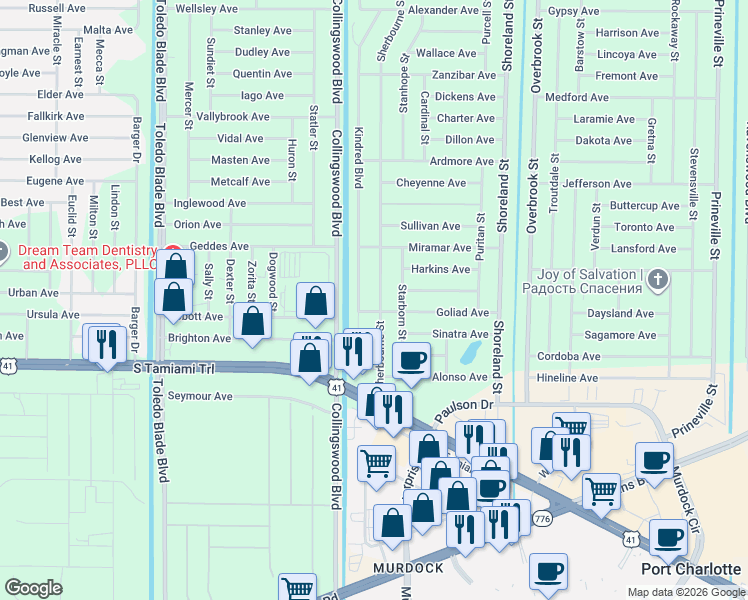 map of restaurants, bars, coffee shops, grocery stores, and more near 430 Kindred Boulevard in Port Charlotte