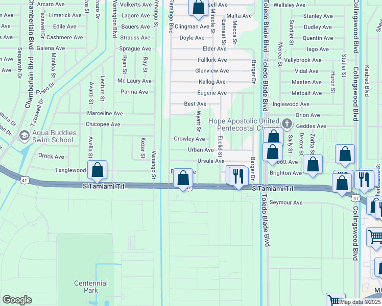 map of restaurants, bars, coffee shops, grocery stores, and more near 17081 Urban Avenue in Port Charlotte