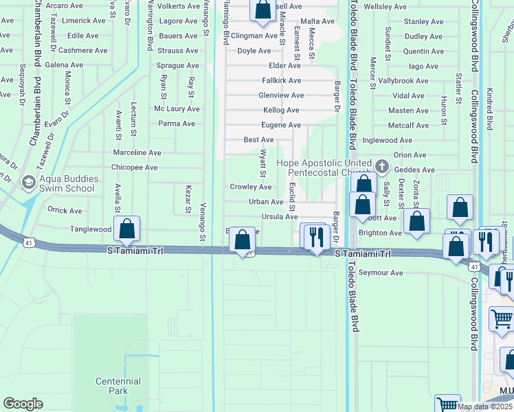 map of restaurants, bars, coffee shops, grocery stores, and more near 17081 Urban Avenue in Port Charlotte