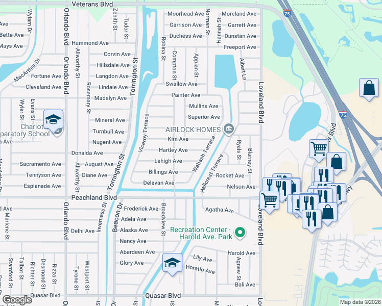 map of restaurants, bars, coffee shops, grocery stores, and more near 23349 Hartley Avenue in Port Charlotte