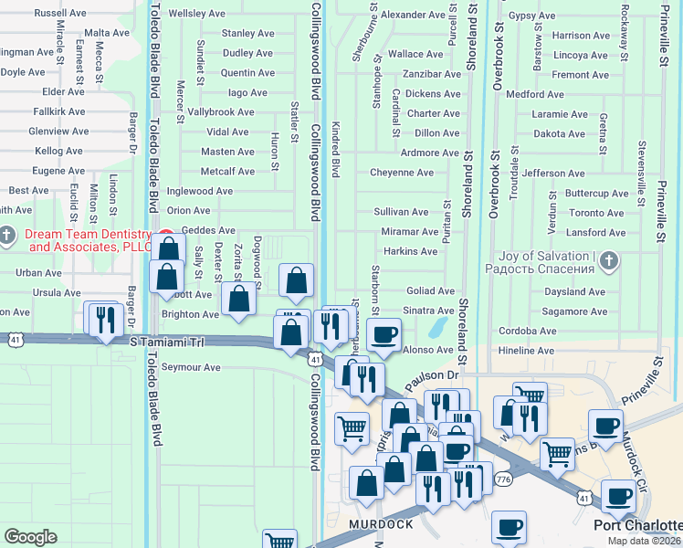 map of restaurants, bars, coffee shops, grocery stores, and more near 430 Kindred Boulevard in Port Charlotte