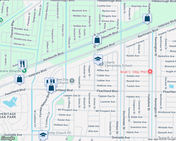 map of restaurants, bars, coffee shops, grocery stores, and more near 407 Yeager Street in Port Charlotte