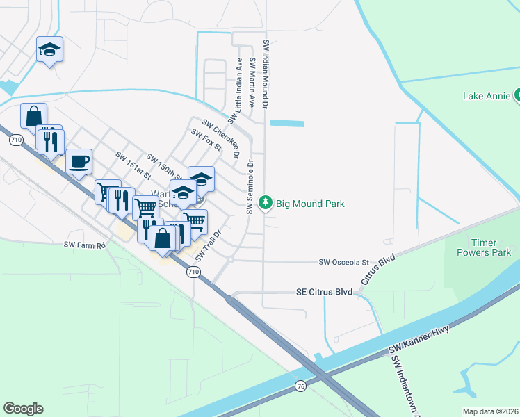 map of restaurants, bars, coffee shops, grocery stores, and more near 15094 Southwest Yalaha Street in Indiantown