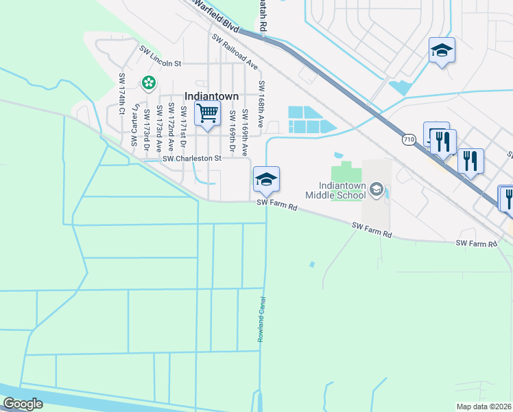 map of restaurants, bars, coffee shops, grocery stores, and more near 16840 Southwest Farm Road in Indiantown