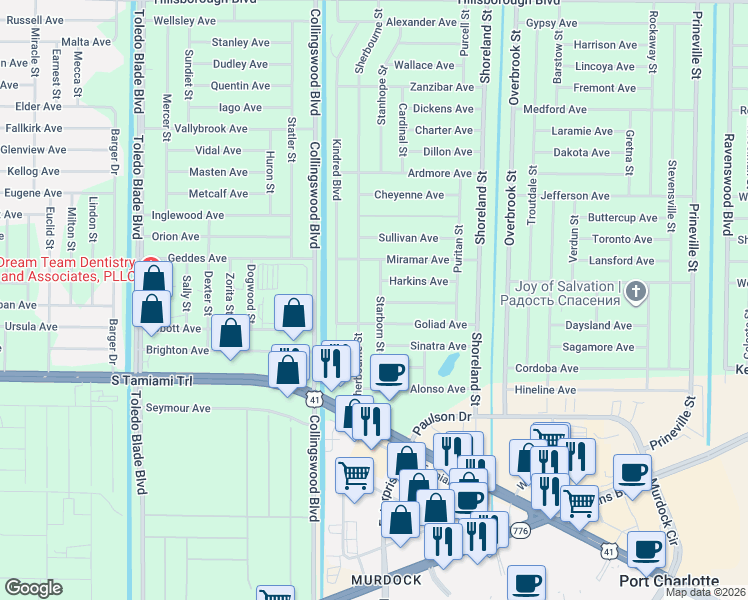 map of restaurants, bars, coffee shops, grocery stores, and more near 431 Starborn Street in Port Charlotte