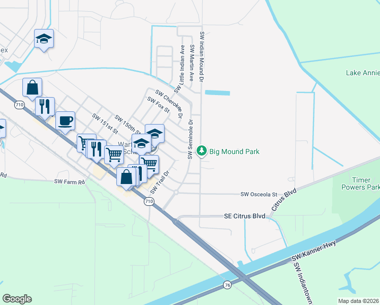 map of restaurants, bars, coffee shops, grocery stores, and more near 15094 Southwest Yalaha Street in Indiantown
