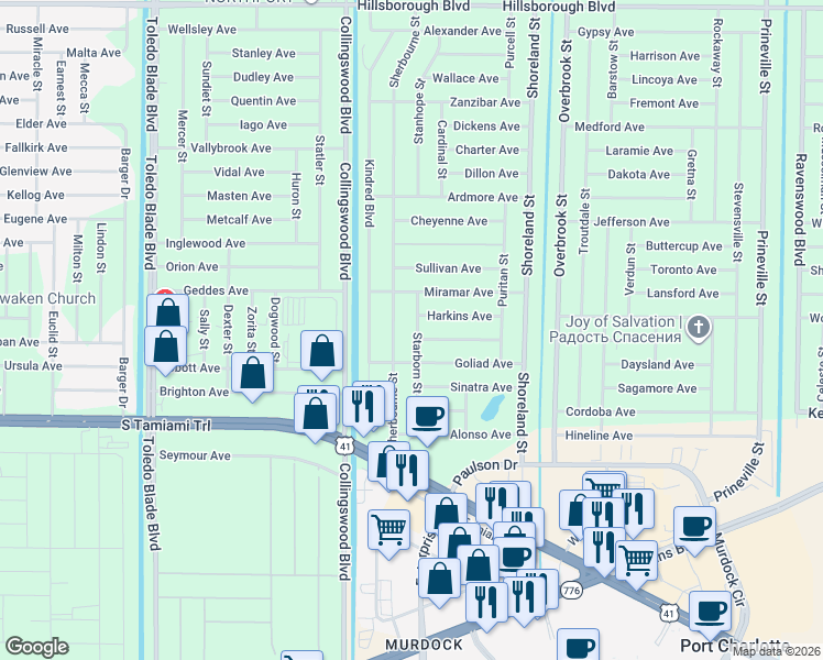 map of restaurants, bars, coffee shops, grocery stores, and more near 431 Starborn Street in Port Charlotte