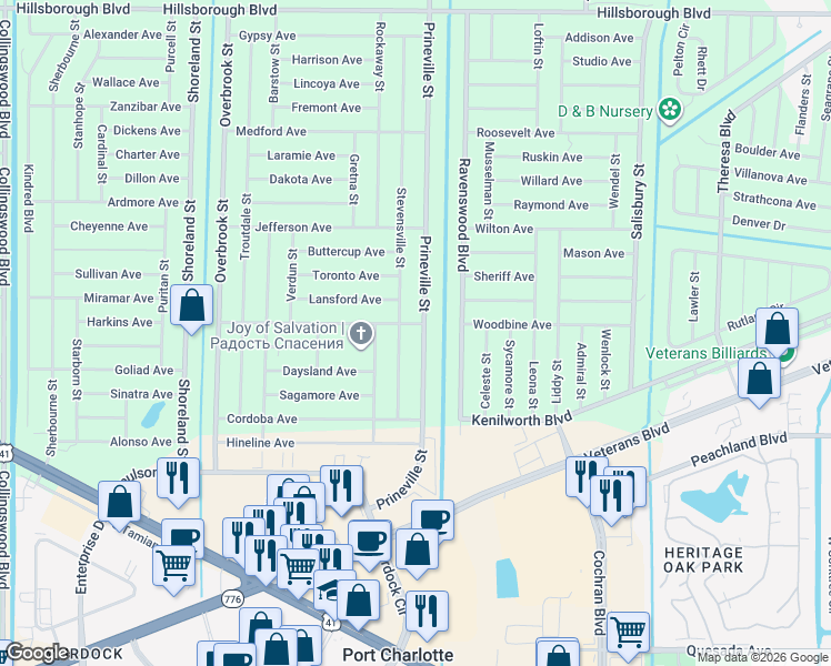 map of restaurants, bars, coffee shops, grocery stores, and more near 399 Prineville Street in Port Charlotte