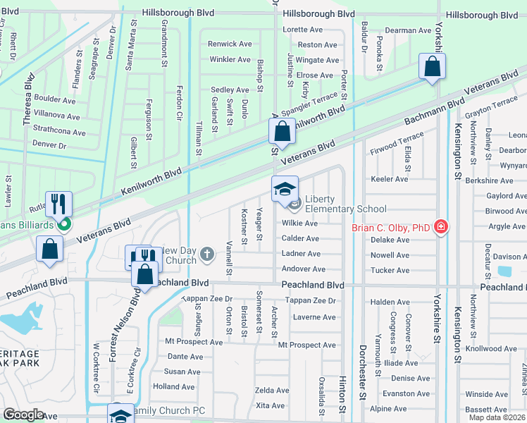 map of restaurants, bars, coffee shops, grocery stores, and more near 384 Yeager Street in Port Charlotte