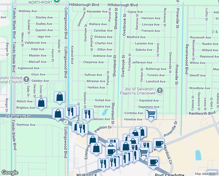 map of restaurants, bars, coffee shops, grocery stores, and more near 18171 Miramar Avenue in Port Charlotte