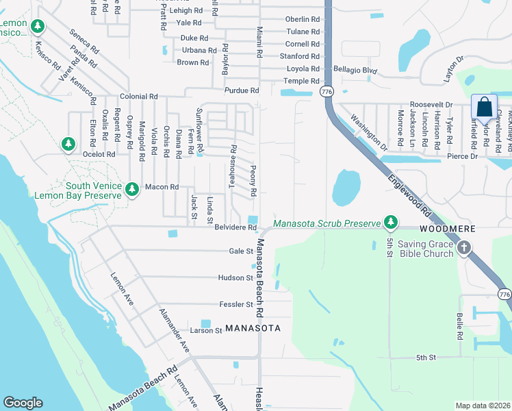map of restaurants, bars, coffee shops, grocery stores, and more near 6141 Peony Road in Venice