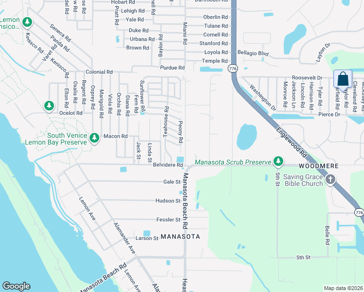 map of restaurants, bars, coffee shops, grocery stores, and more near 6141 Peony Road in Venice