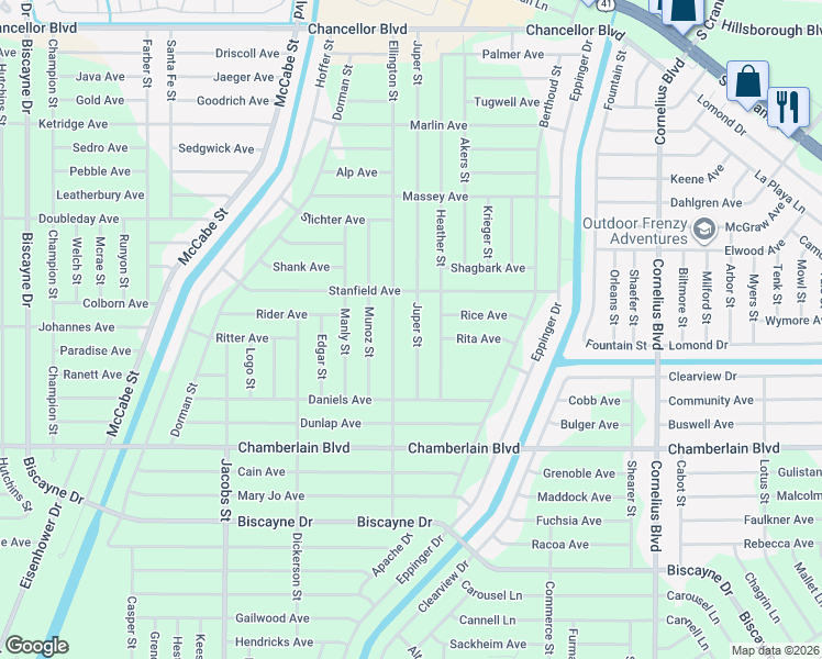 map of restaurants, bars, coffee shops, grocery stores, and more near 385 Juper Street in Port Charlotte