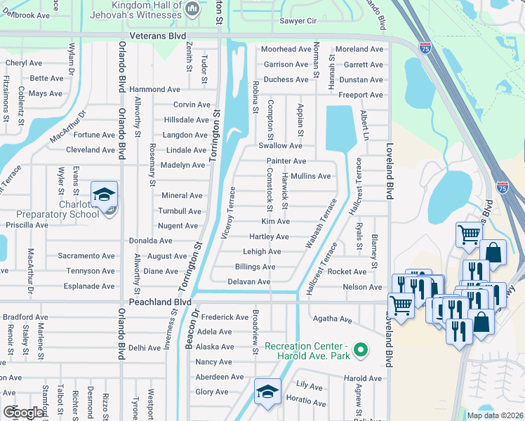 map of restaurants, bars, coffee shops, grocery stores, and more near 23287 Weatherman Avenue in Port Charlotte