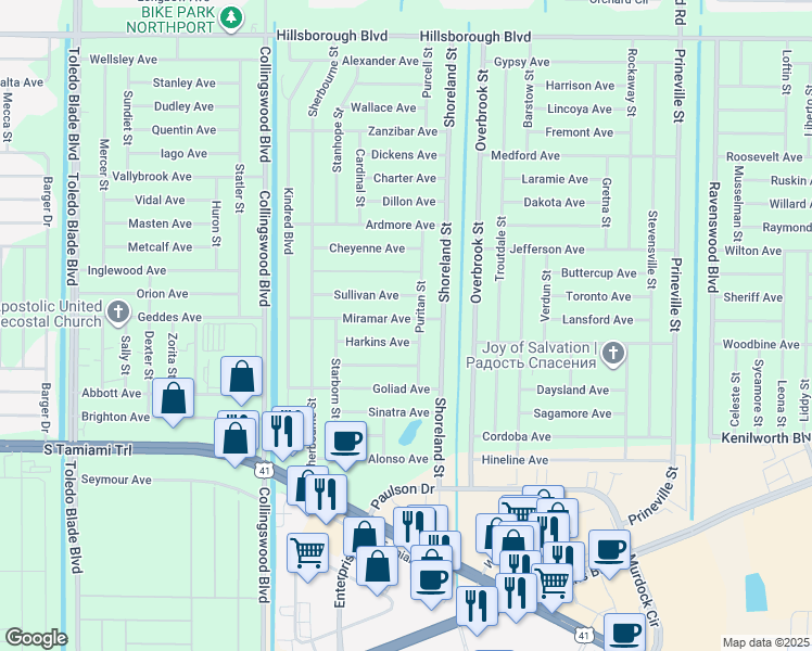 map of restaurants, bars, coffee shops, grocery stores, and more near 18171 Miramar Avenue in Port Charlotte