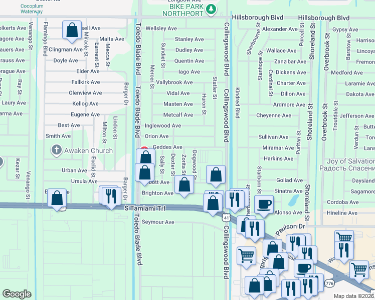 map of restaurants, bars, coffee shops, grocery stores, and more near 17427 Geddes Avenue in Port Charlotte