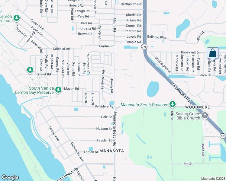map of restaurants, bars, coffee shops, grocery stores, and more near 6141 Peony Road in Venice