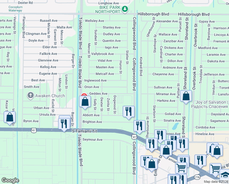 map of restaurants, bars, coffee shops, grocery stores, and more near 17427 Geddes Avenue in Port Charlotte