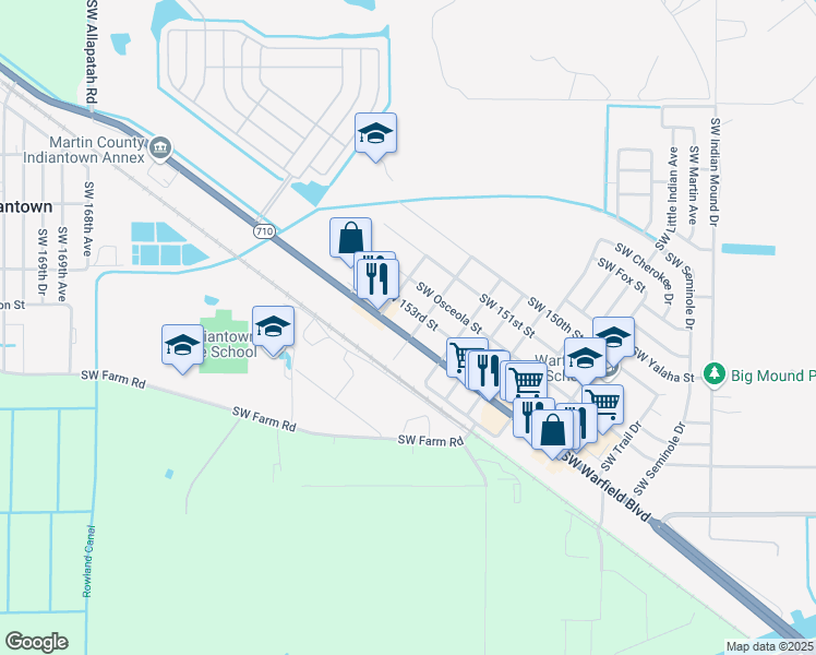 map of restaurants, bars, coffee shops, grocery stores, and more near 15885 Warfield Highway in Indiantown